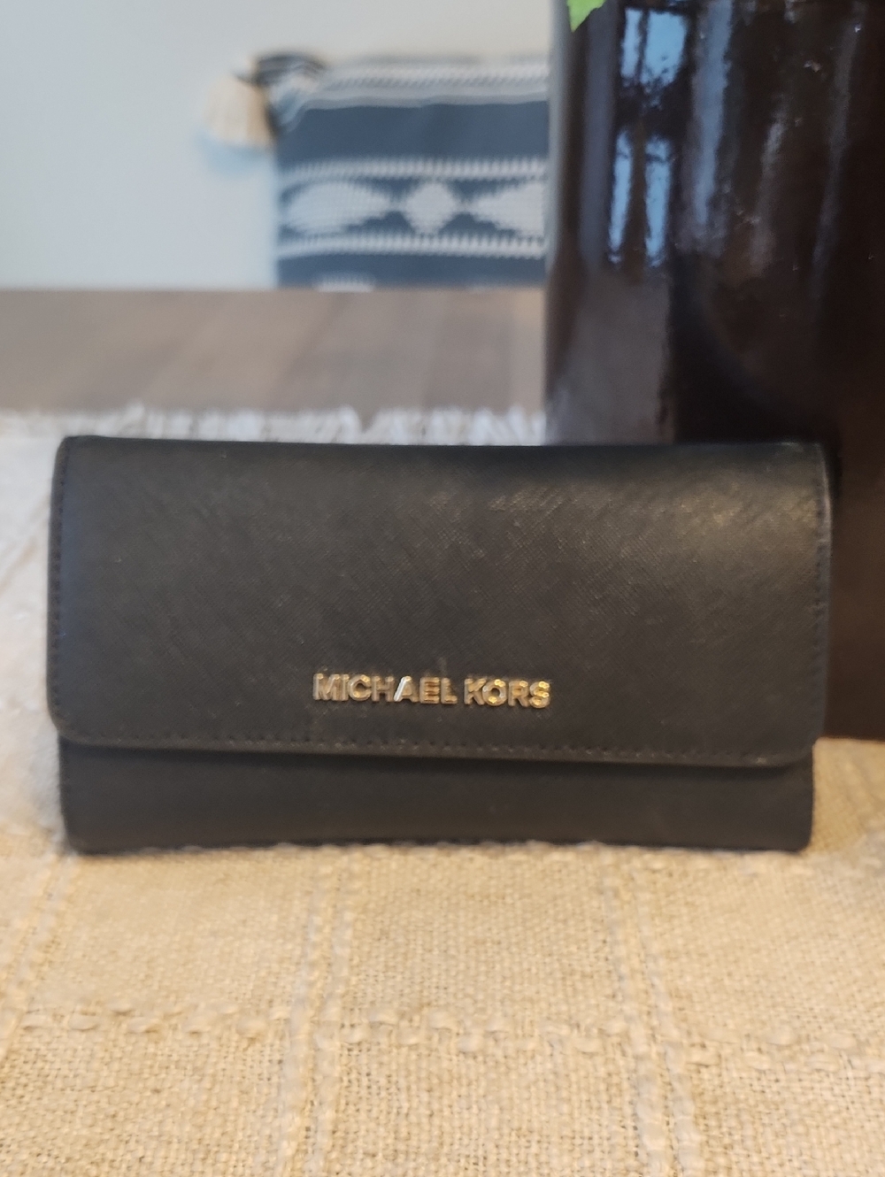 Michael Kors Black Leather Continental Wallet with Gold Logo
